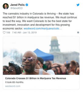 Colorado: Gov Polis releases press releases saying state "has surpassed $1 billion in marijuana revenue to date since adult-use marijuana sales began in 2014"