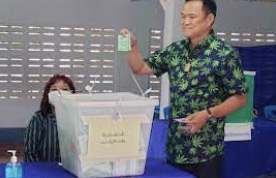 Thailand's Public Health Minister and cannabis advocate Anutin Charnvirakul turned  up to vote wearing cannabis shirt