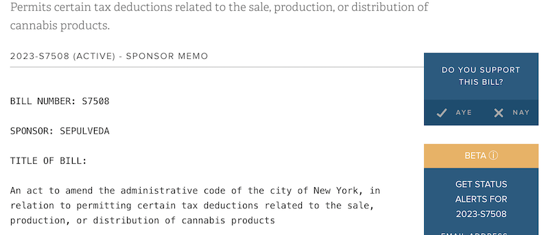 NY: Senate Bill S7508 -  Relates to certain tax deductions related to the sale, production, or distribution of cannabis products